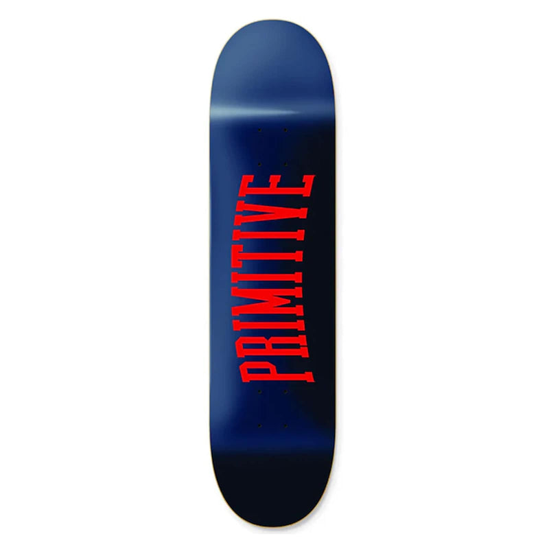 Planche de skate Primitive Bleu et Rouge graphisme Primitive college vue de face 