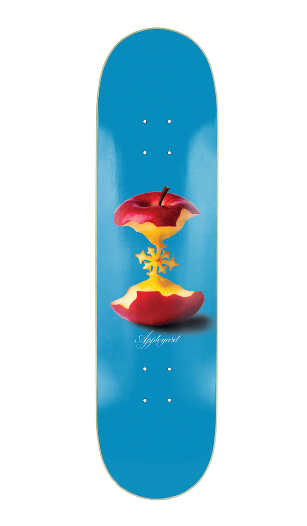 Planche de skate Disorder skateboard pro modele Appleyard bleu graphisme pomme logo disorder croqué vue de face 