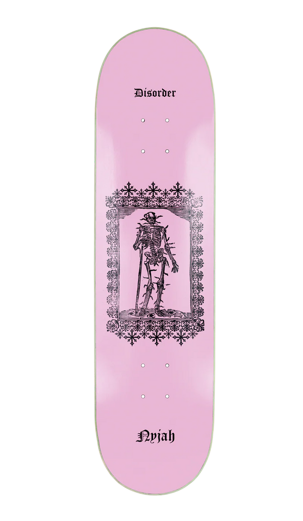 Planche de skate Disorder Rose motif squelette noir vue de face 