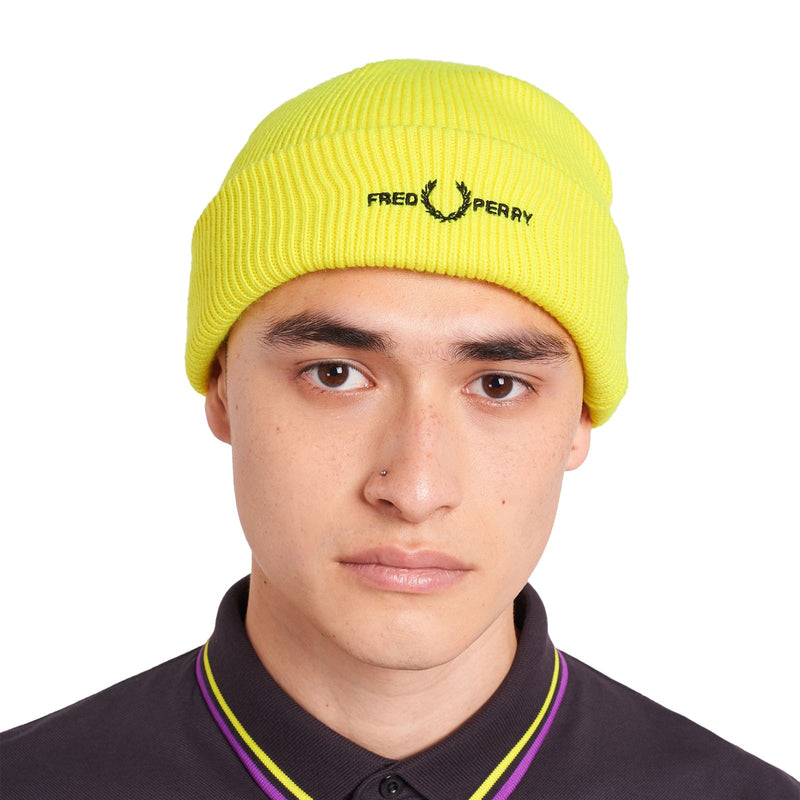 White Logo Beanie // Neon Yellow Bonnets Fred Perry